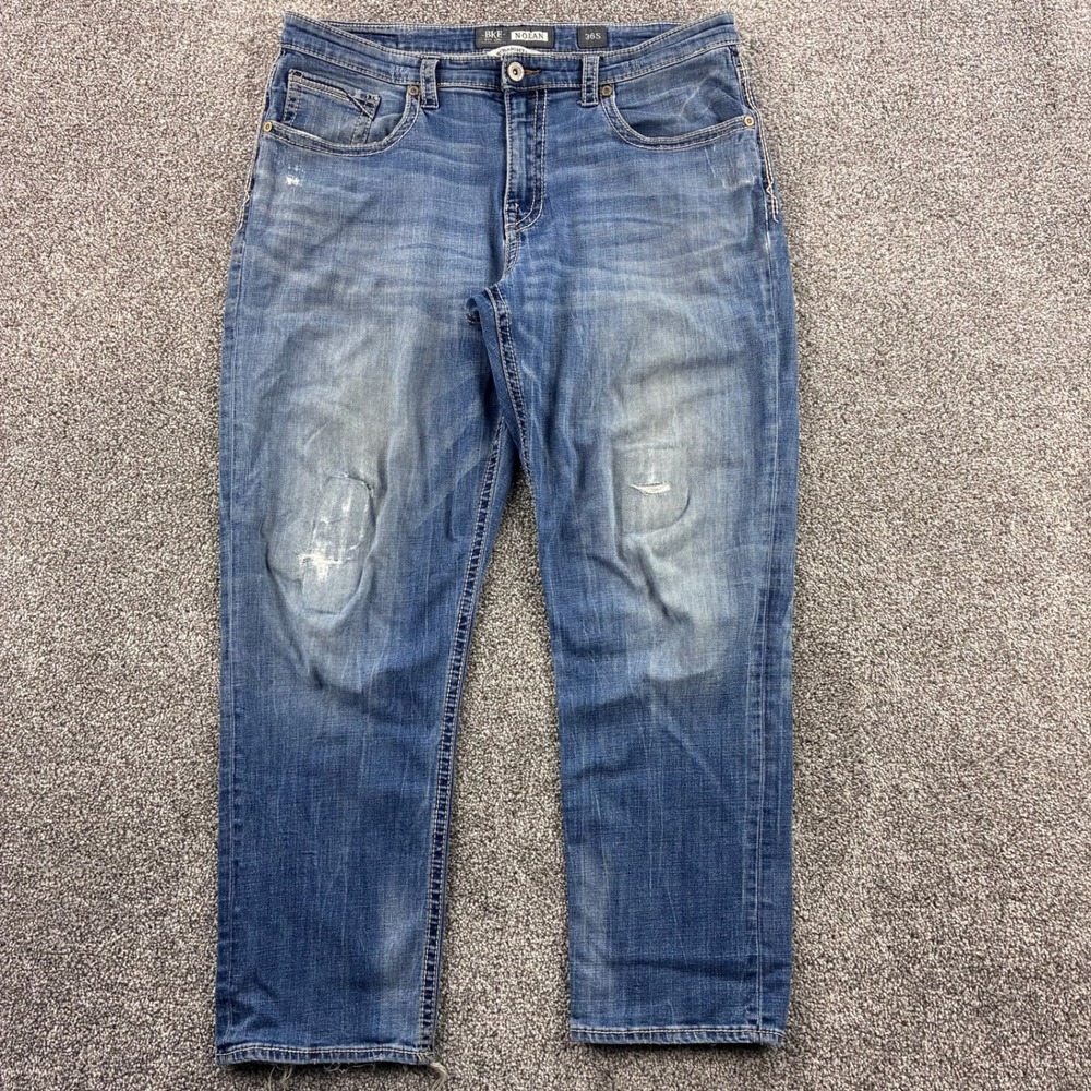 BKE Buckle Jeans Mens 36S Blue Nolan Straight Western White Stitch Whiskers